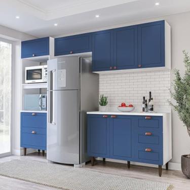 Imagem de Cozinha Pérola 4 Peças Torre Quente Basculante Aéreo 3 Portas e Balcão 2 Gavetas 3 Portas com Tampo Branco/Azul