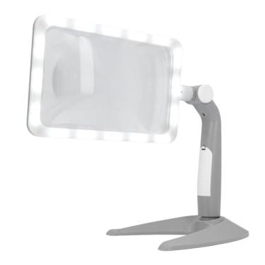 Imagem de Lupa 2,5X Com Luz e Suporte, 48 LED Lâmpada de Mesa Retangular Com Luz Fria e Quente, Base de Rotação de 180° Lupa de Leitura de Luz Ajustável para Idosos