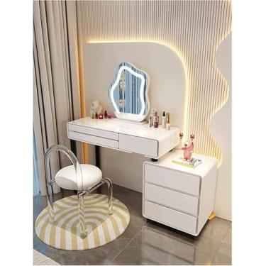 Imagem de Toucador branco, toucador de maquiagem com banco acolchoado e gavetas, mesa de maquiagem com espelho iluminado, penteadeira para quarto, B, 80 cm/31 pol.