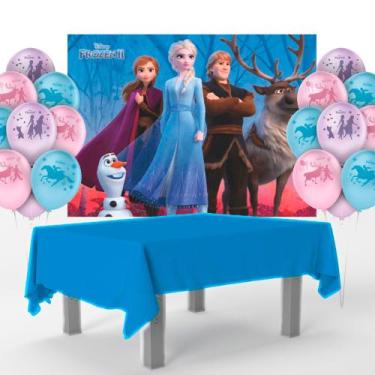 Imagem de Kit festa Frozen Decoração Toalha Azul +25 Balao +Painel TNT - Piffer 