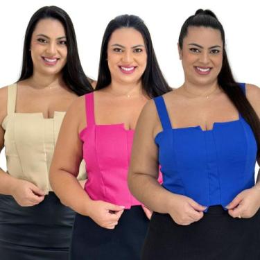 Imagem de Kit 3 Cropped Top Plus Size Alfaiataria Luxo Com Detalhe Lastex Moda F