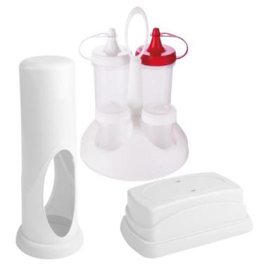 Imagem de Kit galheteiro bisnagas sal e palito + porta guardanapo + porta canudo