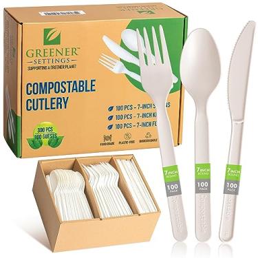 Imagem de Conjunto 100% compostável/garfos, colheres, facas, talheres – 300 utensílios grandes descartáveis de 18 cm. Alternativa durável e resistente ao calor para talheres de plástico da Greener Settings (100