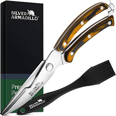 Imagem de Tesoura de aves de aço inoxidável resistente para osso, frango, carne, peixe, frutos do mar, legumes. Tesoura de alimentos com mola premium. Tesouras de cozinha de peça única (cabos de madeira marrom)