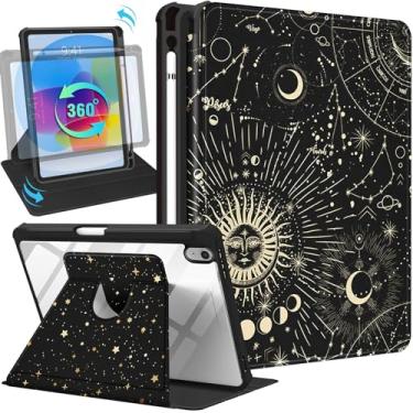 Imagem de Uppuppy Capa para iPad 10ª geração 10,9 polegadas capa fólio com porta-lápis mulheres meninas linda lua sol estrela preta feminina estética bonita original suporte giratório para Apple iPad 10 Gen Cases 2022