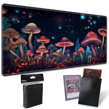 Imagem de SROJDHFJB Playmat Board Game Mat Plus 50 Pcs Card Sleeves, 24 x 14 Table Mats Neon Mushroom Game Mousepad with Soft Surface Non-Slip Base for MTG RPG CCG Trading Card Game Playmats