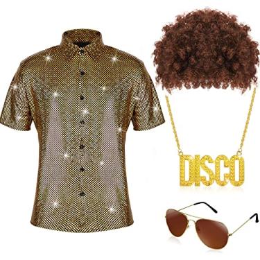 Imagem de 4 peças de fantasia masculina discoteca dos anos 70, fantasia hippie incluindo lantejoulas manga curta camisas brilhantes colar dourado óculos de sol descolados, Dourado, G