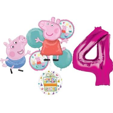 Imagem de Anagram Peppa and George 4th Birthday Party Supplies Pig Foil Balloon Bouquet Decorations, BQ_4284