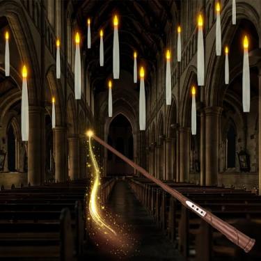 Imagem de Velas flutuantes com varinha, velas penduradas sem chama com controle remoto de varinha mágica, velas cintilantes e quentes, vela afunilada de janela de LED de 15 cm operada por bateria para