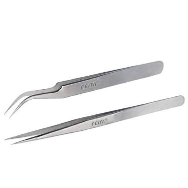Imagem de Best Eyelash Extension Tweezer Set - FEITA Pro Straight & Curved Pointy Precision Fine Tip Tweezers for Lash Extensions - Silver - 2Pcs