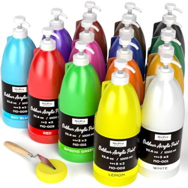 Imagem de Nicpro Conjunto grande de tinta acrílica para uso externo de 14 cores (1000 ml), materiais de pintura de arte rica não tóxico para rocha, madeira, tecido, couro, artesanato, tela, sapatos, parede com