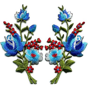 Imagem de Par de rosas azuis flores buquê floral boho bordado apliques de ferro novos por TKPatch