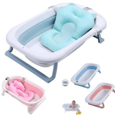 Imagem de Banheira Bebê Dobrável Rígida Infantil Confortável Segura Azul e Rosa 