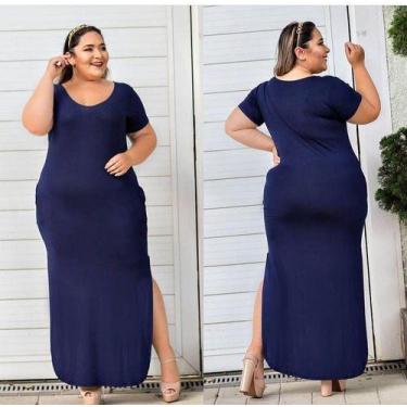 Imagem de Vestido Longo Plus Max Com Manga Barra Oval - Luh May, M, Azul, Marinh