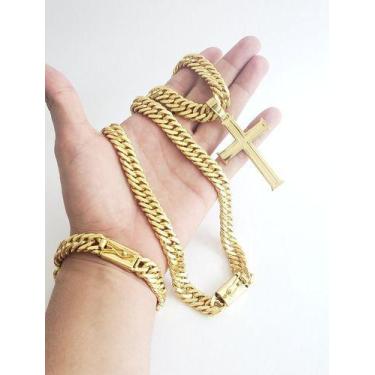 Imagem de Kit Cordão Pulseira Pingente Cruz Banhado Ouro Modelo Grumet - Vip Jói