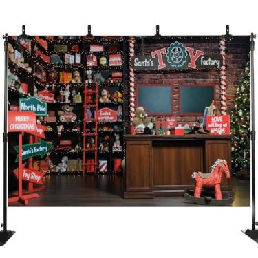 Imagem de Christmas Shop Pano de fundo para fotografia vintage, fábrica de brinquedos do Papai Noel, para presente de casa de campo, decoração de árvore de Natal, decoração de fundo para crianças, estúdio