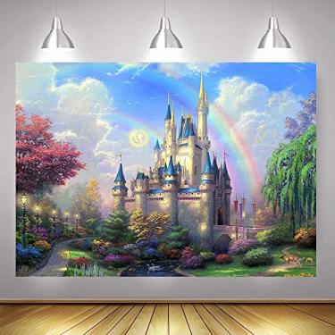 Imagem de YLPHYLIS Pano de fundo do castelo - 1,5 x 0,9 m lavável poliéster passável princesa sonhadora castelo da Cinderela para festa de aniversário cabine de fotos YL110