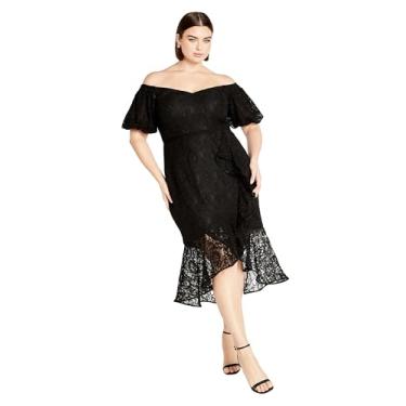 Imagem de City Chic Vestido de renda plus size com babados e bainha de lírio em preto, Preto, 46