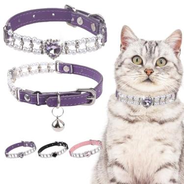 Imagem de EXPAWLORER Coleira de couro para gatos com sino e cinto elástico de segurança, colares ajustáveis de strass personalizados para gatos, gatinhos e cães pequenos, coleira de gato de pérola roxa (pérola)