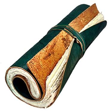 Imagem de Diário de rolagem de couro feito à mão - 100 páginas de papel rústico sem forro estilo vintage - Livro de sombras de 23 x 15 cm, Grimório, presentes medievais de fantasia, caderno de desenhos, scrapbook antigo (verde com papel branco)