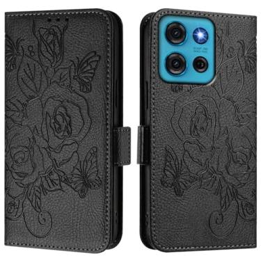 Imagem de Capa carteira rosa e borboleta em relevo para Motorola Moto G75, [bloqueio RFID] [suporta carregamento sem fio] 3 compartimentos para cartão e 1 compartimento para dinheiro, capa à prova de choque e