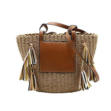 Imagem de Bolsa de palha de corda Bolsas de cesta para mulheres Bolsa de ombro de tecido de verão Bolsas de viagem com borla Praia Bolsas de compras(With lining)