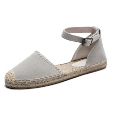 Imagem de U-lite Sandália feminina espadrille rasteira fechada no tornozelo, cadarço clássico verão elegante sapatos rasos, Fivela de camurça cinza, 41