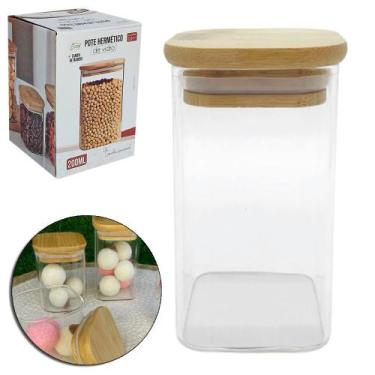 Imagem de Pote de vidro liso quadrado com tampa hermetica de madeira / bambu 200