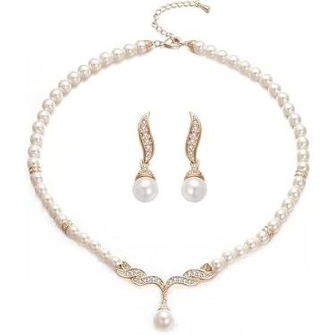 Imagem de Aleasha Conjunto de brincos de colar de pérolas falsas delicadas para casamento com pingente de pérola e strass joia de noiva, Pérola sintética, Pérola