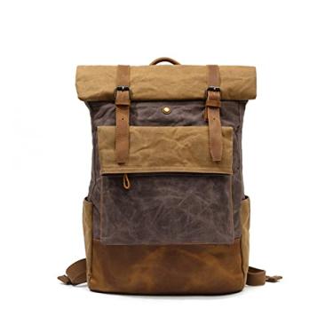 Imagem de Bolsa de viagem de grande capacidade para homens Mochila de lona encerada para homens Mochila masculina vintage Mochila de couro genuíno(Brown)