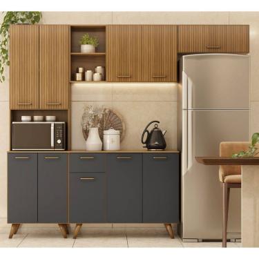 Imagem de Cozinha Compacta Olinda 209m com Balcão e tampo MDP 105m - Freijó UV/Ripado/Grafite Acetinado Poliman 