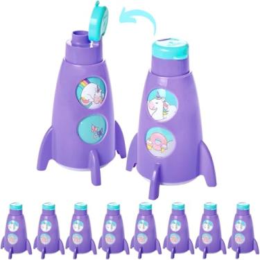 Imagem de Kit 10 Garrafas de Foguete Unicórnio para Festa Infantil e Decoração Garrafinha Giratória 320ml Aniversário de Criança