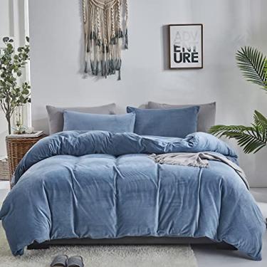 Imagem de honey qiao Conjunto de edredom de veludo azul Cal King, 3 peças, ultramacio, aconchegante, fofo, com 2 fronhas, edredom elegante para todas as estações