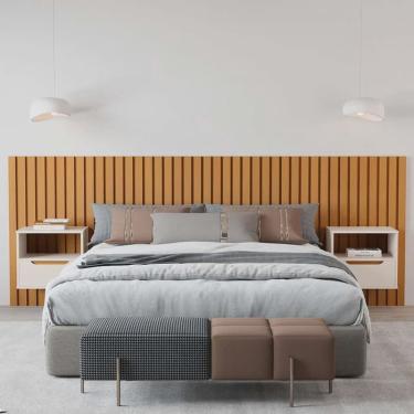 Imagem de Cabeceira Ripado Para Cama de Casal/Queen Maracá Nature Com 2 Mesa de Cabeceira Jatobá OffWhite - Rede Móveis