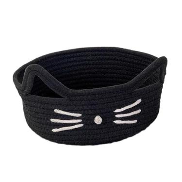 Imagem de Ｂｅｓｇａ Cesta de corda de algodão para gato, organizador de brinquedos, cesto decorativo leve, cesta de armazenamento de cosméticos para sala de desenho, PRETO