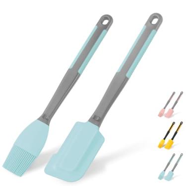 Imagem de Espátula de silicone para regar – Escova extra longa + espátula de silicone resistente ao calor, para assar, raspar, misturar, churrasqueira, cozinha, pasta de óleo, molho de manteiga (pincel azul +