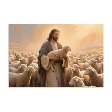 Imagem de Arte de parede em tela Jesus e Cordeiro, imagem de animal de Jesus o Cordeiro Cristão, Cristão Jesus Rei Leão Impressão Pôster Pintura Religiosa Arte Igreja Decoração de Parede Imagens 90 x 60 cm (36