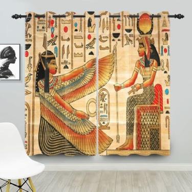 Imagem de Cortinas de janela da rainha do Egito Antigo Rei egípcio e esculturas hieroglíficas em papiro, pintura mural egípcia, ilhós blecaute, cortinas de janela para sala de estar, jantar, quarto, 106 x 213