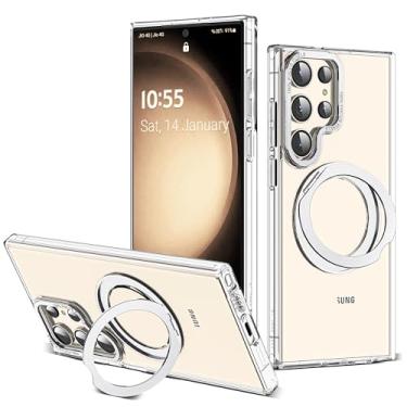 Imagem de Zalinbo Capa compatível com Samsung Galaxy S22 e S23 Ultra com suporte magnético giratório de 360 anéis, compatível com proteção militar Mag-Safe, capa de telefone transparente à prova de choque