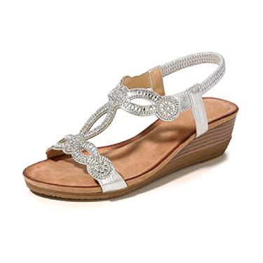 Imagem de Meeshine Sandália anabela feminina de verão, confortável, casual, boêmio, praia, strass, plataforma, Prata., 9.5