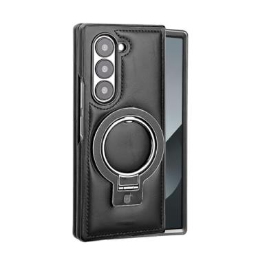 Imagem de MVVKKY Para Samsung Galaxy Z Fold6 Suporte de anel magnético Capa de couro Suporte de alumínio Carregamento sem fio Capa à prova de choque (para Samsung Galaxy Z Fold6/preto)