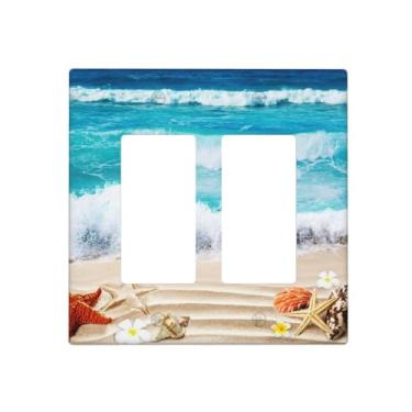 Imagem de Sea Ocean Beach Wave Starfish Seashell 2 Gang Double Rocker/GFCI Light Switch Cover Decorativa Placa de Parede Placa Elétrica Painel de Arte para Casa Quarto Decoração Sem Parafusos