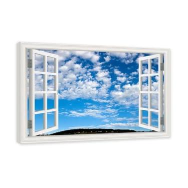 Imagem de PY3H69 Arte de parede em tela de janela aberta, impressão natural em tela. Lindo cenário de céu 66 cm, decoração de parede de paisagem de janela, decoração de casa moderna. Moldura interna 80x120cm