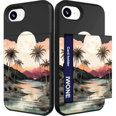 Imagem de IWONE Capa para celular compatível com iPhone 16e 2025 fofa com porta-cartão/carteira fina para mulheres/palmeiras, mar, oceano, pôr do sol, paisagem, tropical, praia, ilhas