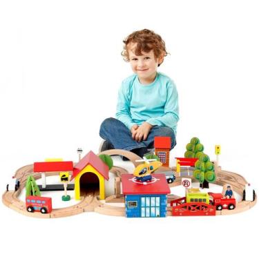 Imagem de Conjunto de Trem de Madeira Qilay 69 Peças - Brinquedo Educativo para 