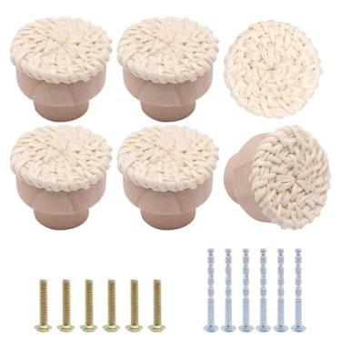 Imagem de YuGtcen 6 maçanetas de armário de madeira, puxadores de cômoda de madeira boho puxador de armário de cozinha puxador de tecido de vime para móveis armário gaveta gaveta porta de armário (branco)