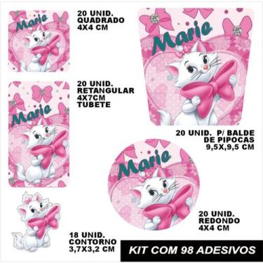 Imagem de Kit combo festa infantil 98 peças personalizado gatinha marie adesivo 