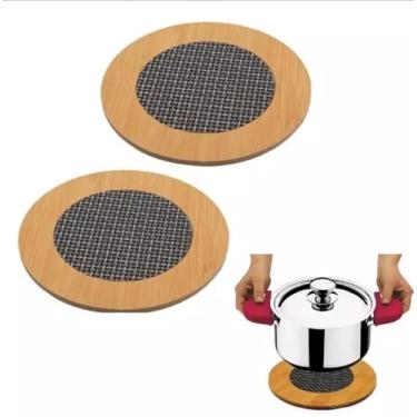 Imagem de Descanso de Panela Redondo com Borda de Bambu, Conjunto com 4 Peças, Base em Malha Protetora