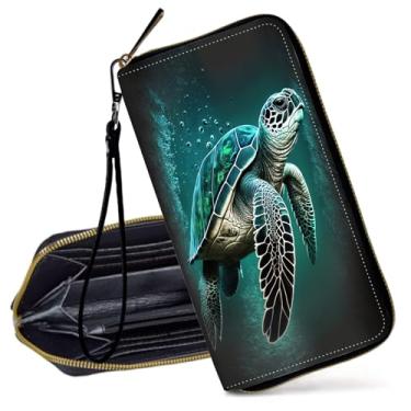 Imagem de Decahouy Carteira feminina com bloqueio de RFID, bolsa clutch fina de couro PU com zíper,, Tartarugas marinhas verdes fofas, Clássico