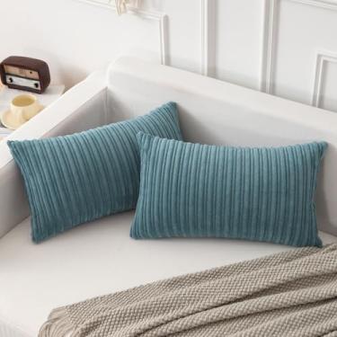 Imagem de Kevin Textile Conjunto de 2 capas de almofada oblongas 30 x 50 cm de veludo cotelê listrado retangular, capas de almofada, boho decoração de casa para sofá, cadeira, azul, cinza